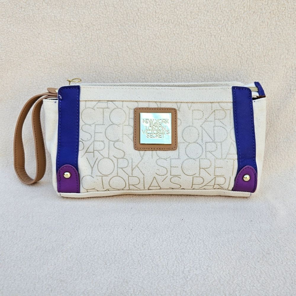 Victoria's Secret Purple and Cream Canvas Cosmetic Bag